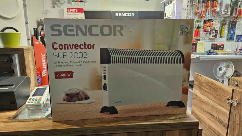 Arpi Elektro: Teplovzdušný konvektor Sencor, príkon 2000W, plynule regulovateľný termostat, 3 stupne nastavenia. 😎☺️